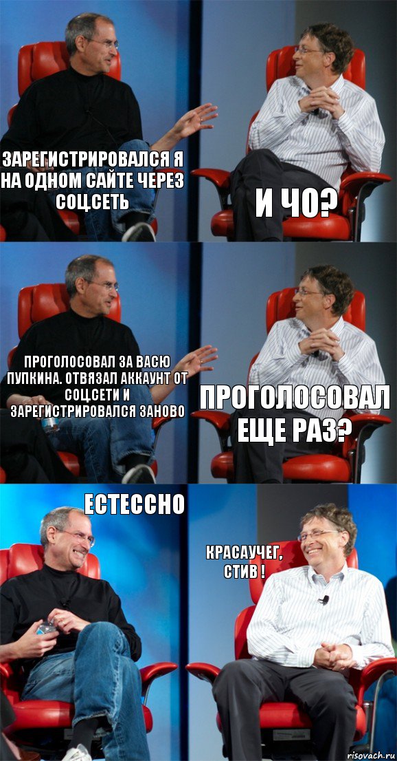 зарегистрировался я на одном сайте через соц.сеть и чо? проголосовал за васю пупкина. Отвязал аккаунт от соц.сети и зарегистрировался заново проголосовал еще раз? естессно красаучег, стив !, Комикс Стив Джобс и Билл Гейтс (6 зон)