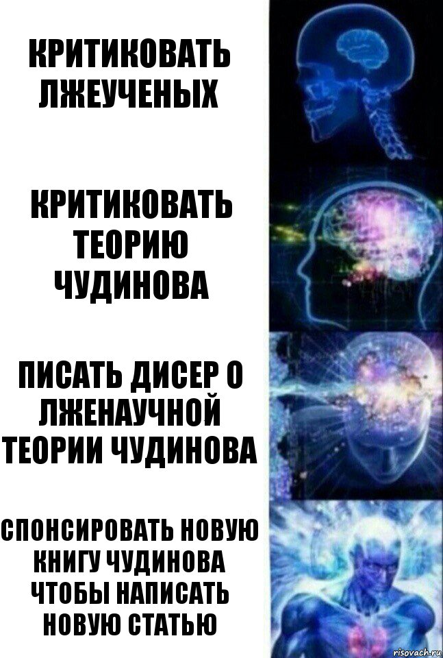 Критиковать лжеученых Критиковать теорию Чудинова Писать дисер о лженаучной теории Чудинова Спонсировать новую книгу Чудинова чтобы написать новую статью, Комикс  Сверхразум