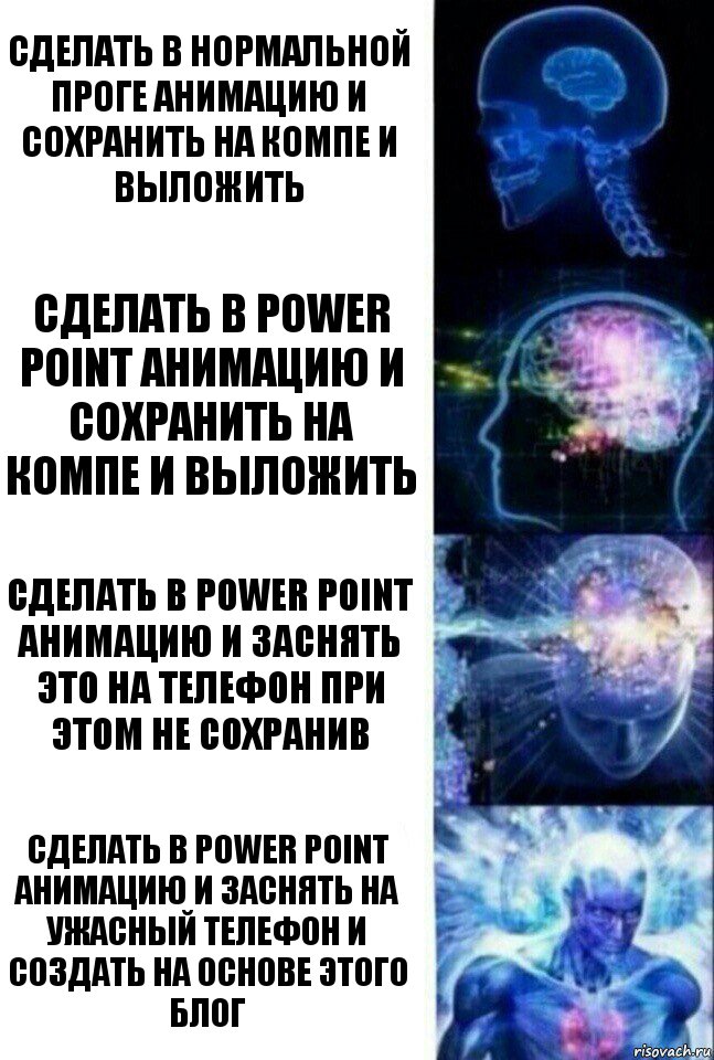 сделать в нормальной проге анимацию и сохранить на компе и выложить сделать в power point анимацию и сохранить на компе и выложить сделать в power point анимацию и заснять это на телефон при этом не сохранив сделать в power point анимацию и заснять на ужасный телефон и создать на основе этого блог, Комикс  Сверхразум