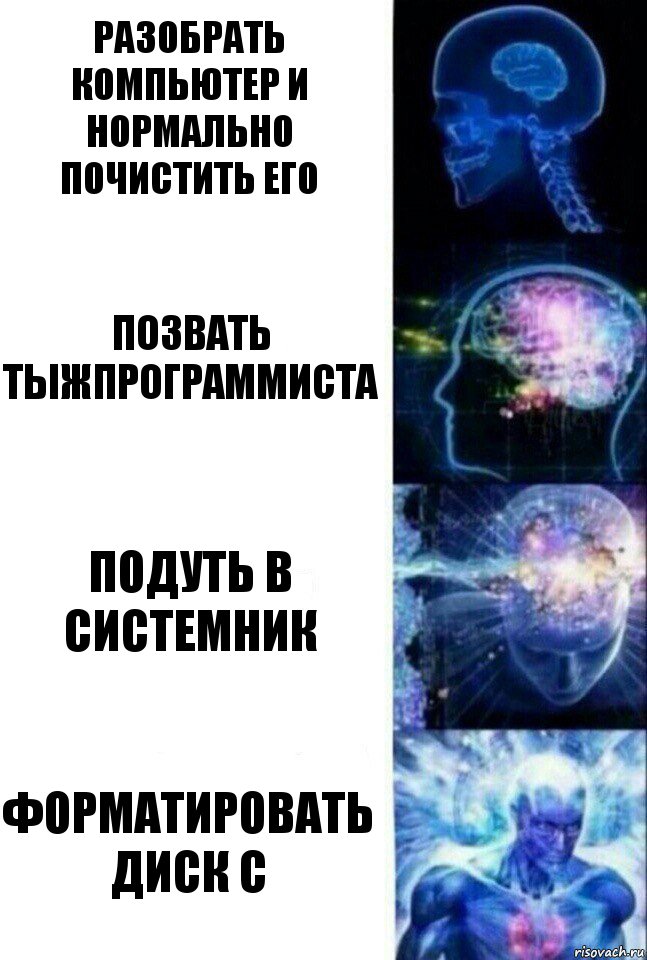 Разобрать компьютер и нормально почистить его Позвать тыжпрограммиста Подуть в системник Форматировать диск С, Комикс  Сверхразум