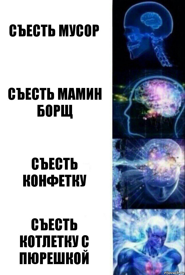 Съесть мусор Съесть мамин борщ Съесть конфетку Съесть котлетку с пюрешкой, Комикс  Сверхразум