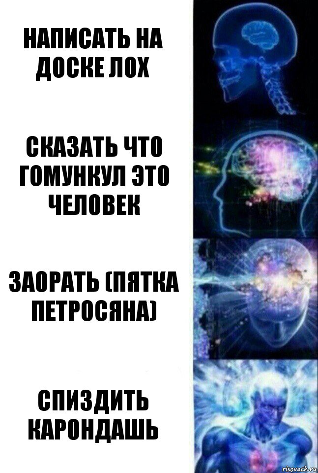 Написать на доске ЛОХ Сказать что гомункул это человек заорать (пятка петросяна) Спиздить карондашь, Комикс  Сверхразум