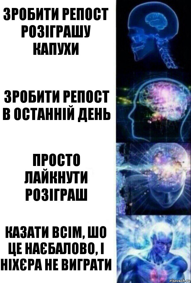 Зробити репост розіграшу капухи Зробити репост в останній день Просто лайкнути розіграш Казати всім, шо це наєбалово, і ніхєра не виграти, Комикс  Сверхразум