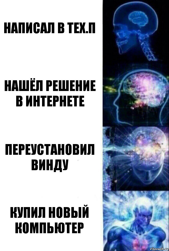 Написал в тех.п Нашёл решение в интернете Переустановил винду Купил новый компьютер, Комикс  Сверхразум