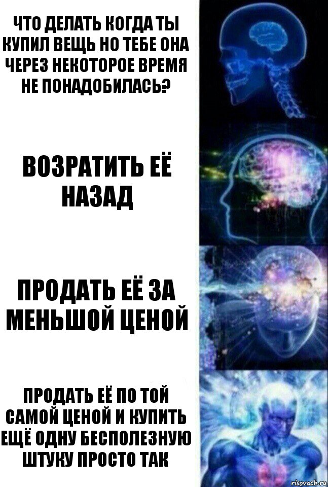 Что делать когда ты купил вещь но тебе она через некоторое время не понадобилась? возратить её назад продать её за меньшой ценой продать её по той самой ценой и купить ещё одну бесполезную штуку просто так, Комикс  Сверхразум