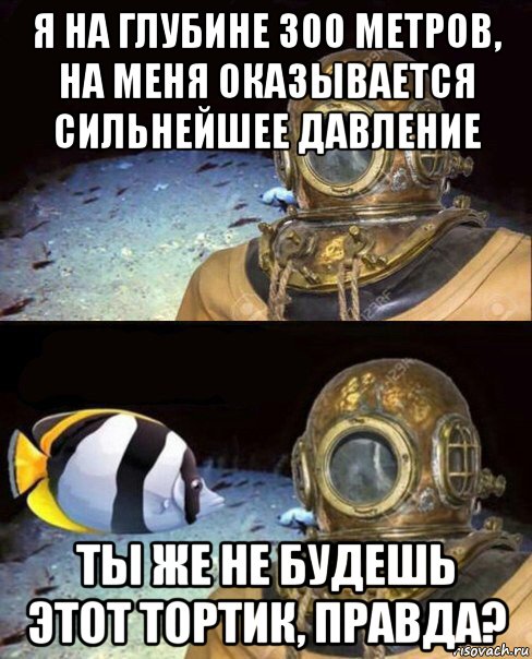 я на глубине 300 метров, на меня оказывается сильнейшее давление ты же не будешь этот тортик, правда?, Мем   Высокое давление