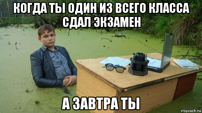 когда ты один из всего класса сдал экзамен а завтра ты, Мем  Парень сидит в болоте