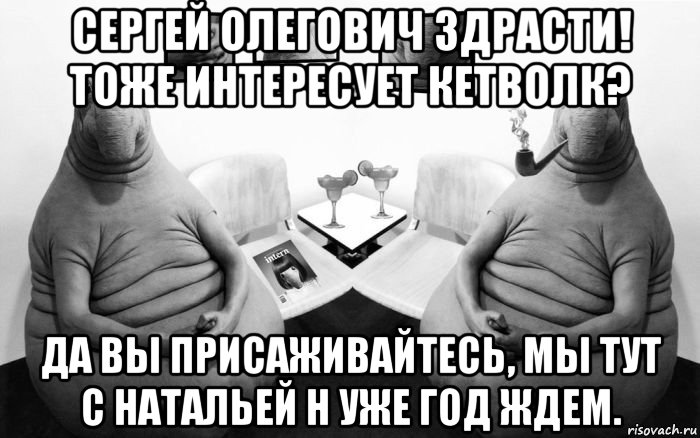 сергей олегович здрасти! тоже интересует кетволк? да вы присаживайтесь, мы тут с натальей н уже год ждем., Мем  Два ждуна