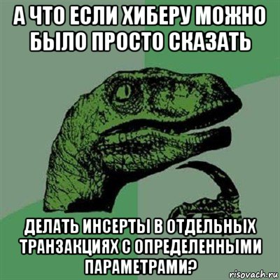 а что если хиберу можно было просто сказать делать инсерты в отдельных транзакциях с определенными параметрами?, Мем Филосораптор