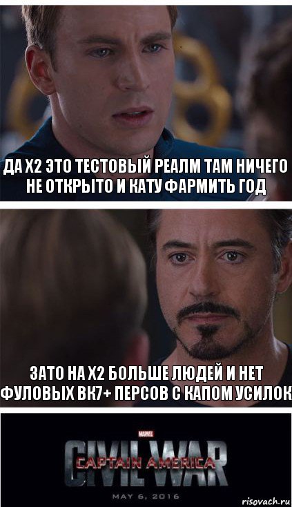 Да х2 это тестовый реалм там ничего не открыто и кату фармить год Зато на х2 больше людей и нет фуловых вк7+ персов с капом усилок, Комикс   Гражданская Война