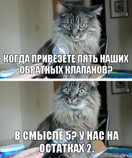 когда привезете пять наших обратных клапанов? В смысле 5? У нас на остатках 2., Комикс  кот с микрофоном