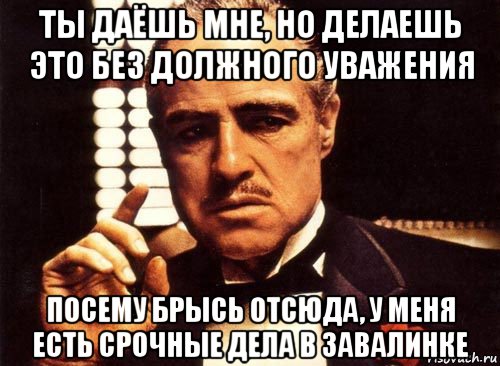 ты даёшь мне, но делаешь это без должного уважения посему брысь отсюда, у меня есть срочные дела в завалинке, Мем крестный отец