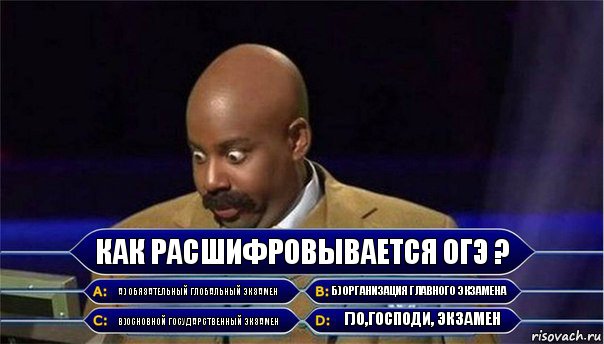 Как расшифровывается ОГЭ ? А) обязательный глобальный экзамен Б) организация главного экзамена В)основной государственный экзамен Г)о,господи, экзамен, Комикс      Кто хочет стать миллионером