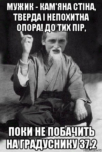 мужик - кам'яна стіна, тверда і непохитна опора! до тих пір, поки не побачить на градуснику 37,2, Мем Мудрий паца