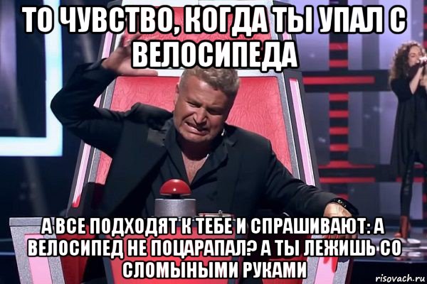 то чувство, когда ты упал с велосипеда а все подходят к тебе и спрашивают: а велосипед не поцарапал? а ты лежишь со сломыными руками, Мем   Отчаянный Агутин