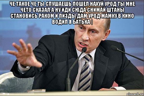 че такое че ты слушаешь пошел нахуй урод ты мне чето сказал а ну иди сюда снимай штаны становись раком и пизды дам урод мамку в кино водил я батька | , Мем Путин