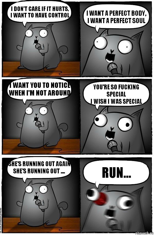 I don't care if it hurts, I want to have control I want a perfect body, I want a perfect soul I want you to notice
When I'm not around You're so fucking special
I wish I was special She's running out again
She's running out .... Run..., Комикс  Стендап-кот