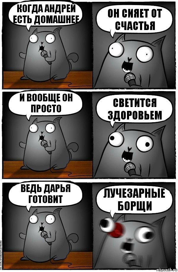 Когда Андрей есть домашнее Он сияет от счастья И вообще он просто Светится здоровьем Ведь Дарья готовит Лучезарные борщи, Комикс  Стендап-кот