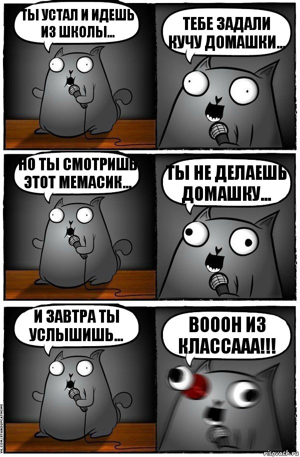 Ты устал и идешь из школы... Тебе задали кучу домашки... Но ты смотришь этот мемасик... Ты не делаешь домашку... И завтра ты услышишь... Вооон из классааа!!!, Комикс  Стендап-кот