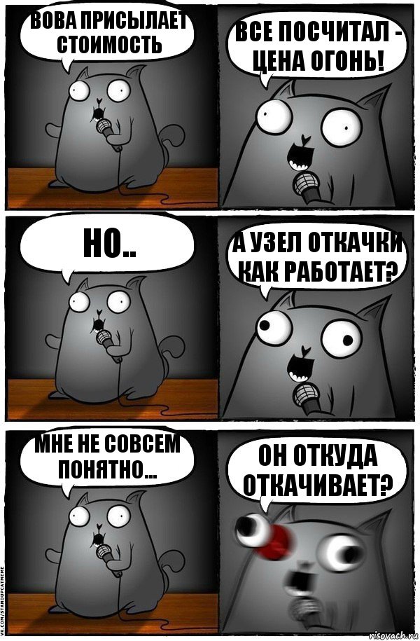 Вова присылает стоимость все посчитал - цена огонь! Но.. а узел откачки как работает? мне не совсем понятно... он откуда откачивает?, Комикс  Стендап-кот