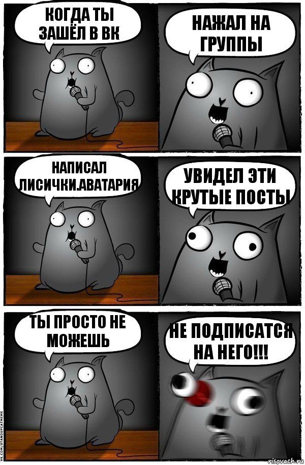 Когда ты зашёл в Вк Нажал на группы Написал Лисички.Аватария Увидел эти крутые посты Ты просто не можешь НЕ ПОДПИСАТСЯ НА НЕГО!!!, Комикс  Стендап-кот