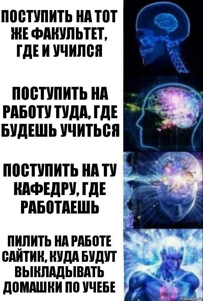 Поступить на тот же факультет, где и учился поступить на работу туда, где будешь учиться поступить на ту кафедру, где работаешь пилить на работе сайтик, куда будут выкладывать домашки по учебе, Комикс  Сверхразум