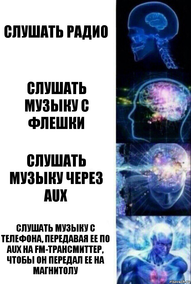 слушать радио слушать музыку с флешки слушать музыку через AUX слушать музыку с телефона, передавая ее по AUX на FM-трансмиттер, чтобы он передал ее на магнитолу, Комикс  Сверхразум