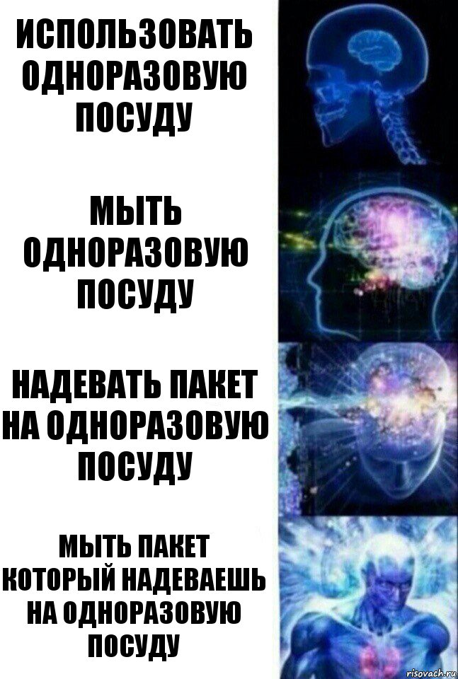 Использовать одноразовую посуду Мыть одноразовую посуду Надевать пакет на одноразовую посуду Мыть пакет который надеваешь на одноразовую посуду, Комикс  Сверхразум