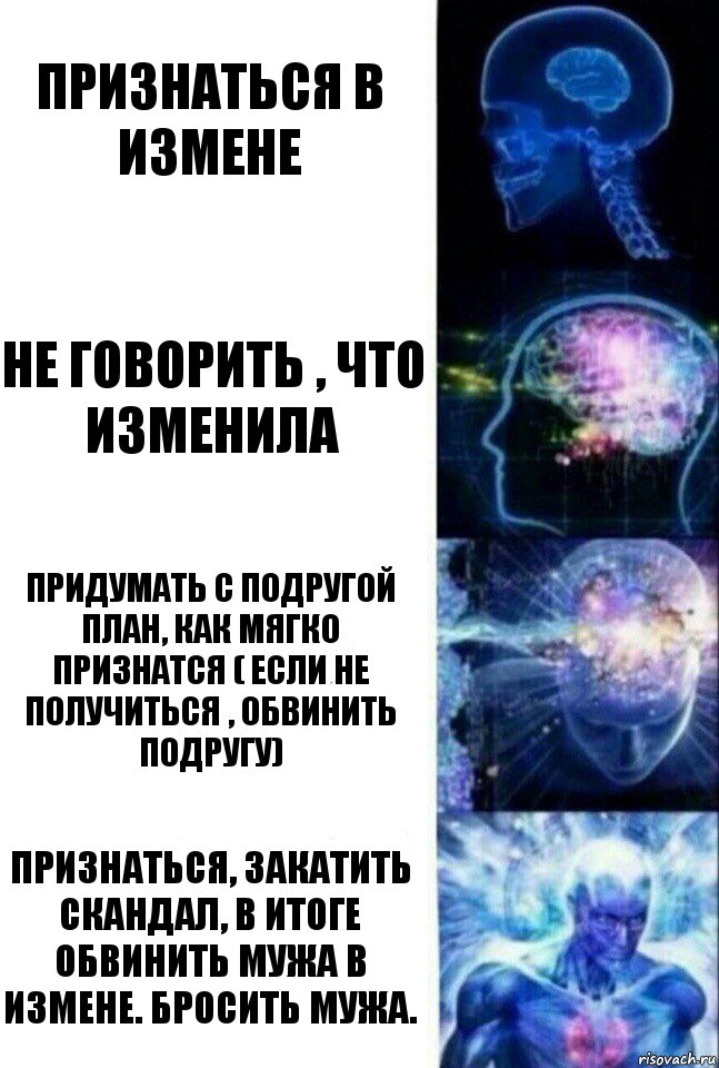 Признаться в измене Не говорить , что изменила Придумать с подругой план, как мягко признатся ( если не получиться , обвинить подругу) Признаться, закатить скандал, в итоге обвинить мужа в измене. Бросить мужа., Комикс  Сверхразум