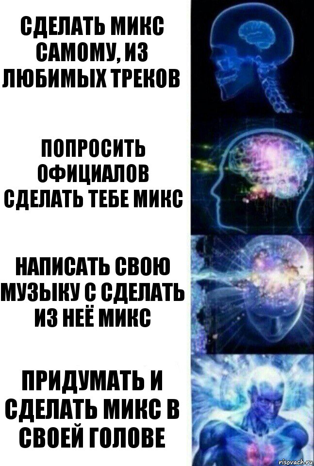 Сделать микс самому, из любимых треков Попросить официалов сделать тебе микс Написать свою музыку с сделать из неё микс Придумать и сделать микс в своей голове, Комикс  Сверхразум