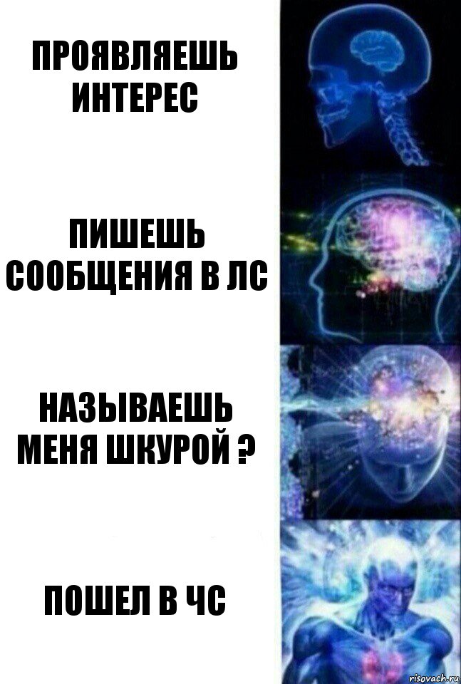 Проявляешь интерес Пишешь сообщения в ЛС Называешь меня шкурой ? ПОШЕЛ В ЧС, Комикс  Сверхразум