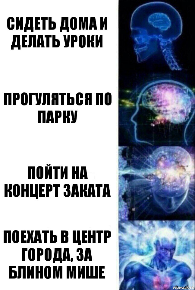 сидеть дома и делать уроки прогуляться по парку Пойти на концерт заката Поехать в центр города, за блином Мише, Комикс  Сверхразум