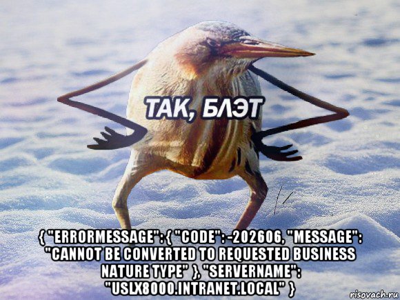  { "errormessage": { "code": -202606, "message": "cannot be converted to requested business nature type" }, "servername": "uslx8000.intranet.local" }, Мем  Так блэт птица с руками