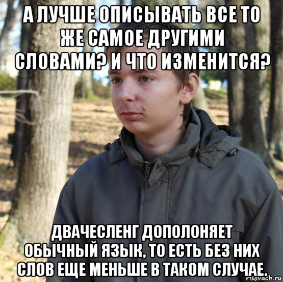 а лучше описывать все то же самое другими словами? и что изменится? двачесленг дополоняет обычный язык, то есть без них слов еще меньше в таком случае., Мем  Типичный двачер