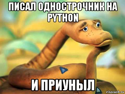 писал однострочник на python и приуныл, Мем  задумчивый удав