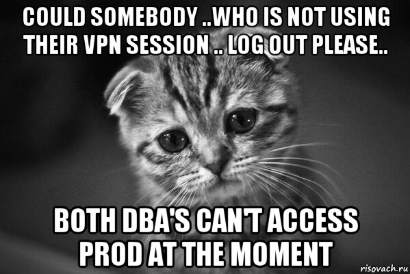 could somebody ..who is not using their vpn session .. log out please.. both dba's can't access prod at the moment, Мем  безысходность