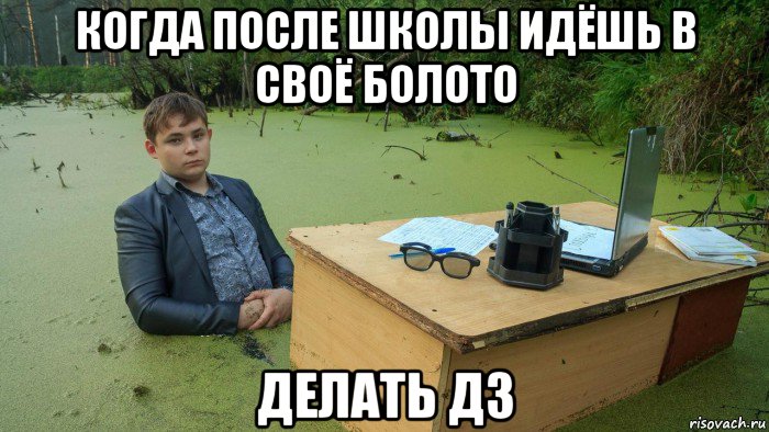 когда после школы идёшь в своё болото делать дз, Мем  Парень сидит в болоте