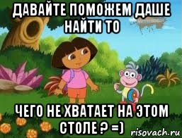 давайте поможем даше найти то чего не хватает на этом столе ? =), Мем Даша следопыт