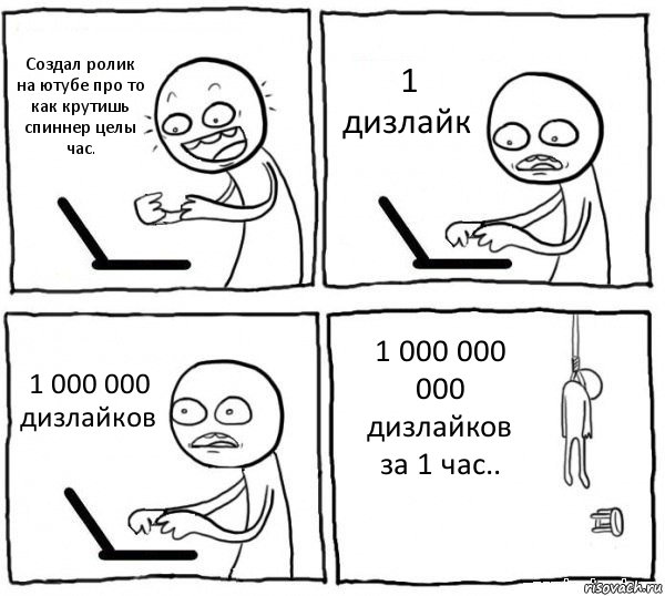 Создал ролик на ютубе про то как крутишь спиннер целы час. 1 дизлайк 1 000 000 дизлайков 1 000 000 000 дизлайков за 1 час.., Комикс интернет убивает