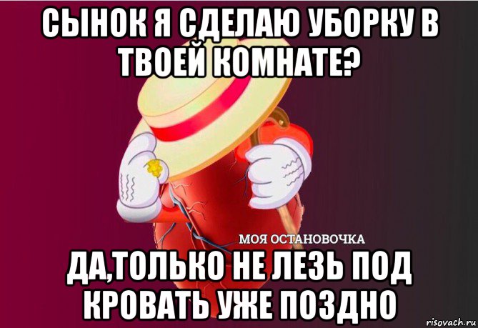 сынок я сделаю уборку в твоей комнате? да,только не лезь под кровать уже поздно, Мем   Моя остановочка