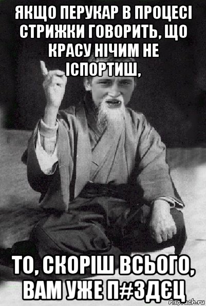 якщо перукар в процесі стрижки говорить, що красу нічим не іспортиш, то, скоріш всього, вам уже п#здєц, Мем Мудрий паца