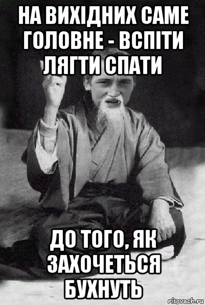 на вихідних саме головне - вспіти лягти спати до того, як захочеться бухнуть, Мем Мудрий паца