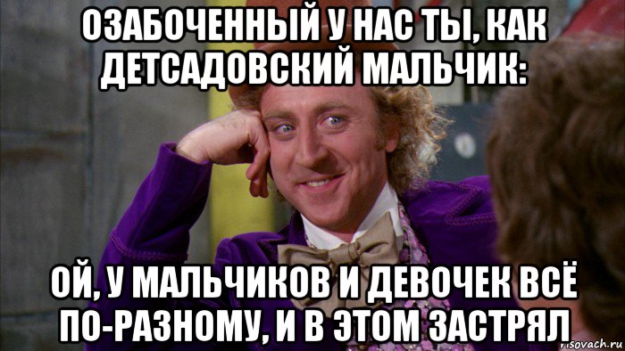 озабоченный у нас ты, как детсадовский мальчик: ой, у мальчиков и девочек всё по-разному, и в этом застрял, Мем Ну давай расскажи (Вилли Вонка)