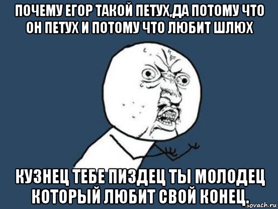 почему егор такой петух,да потому что он петух и потому что любит шлюх кузнец тебе пиздец ты молодец который любит свой конец., Мем Ну почему