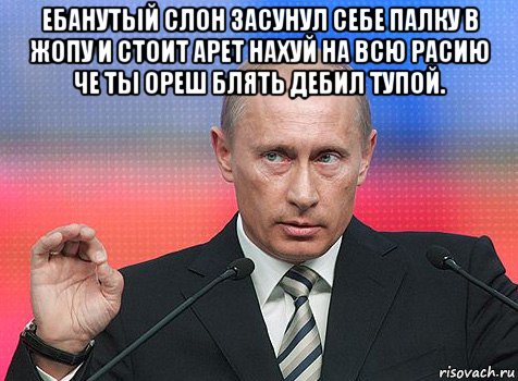 ебанутый слон засунул себе палку в жопу и стоит арет нахуй на всю расию че ты ореш блять дебил тупой. , Мем путин