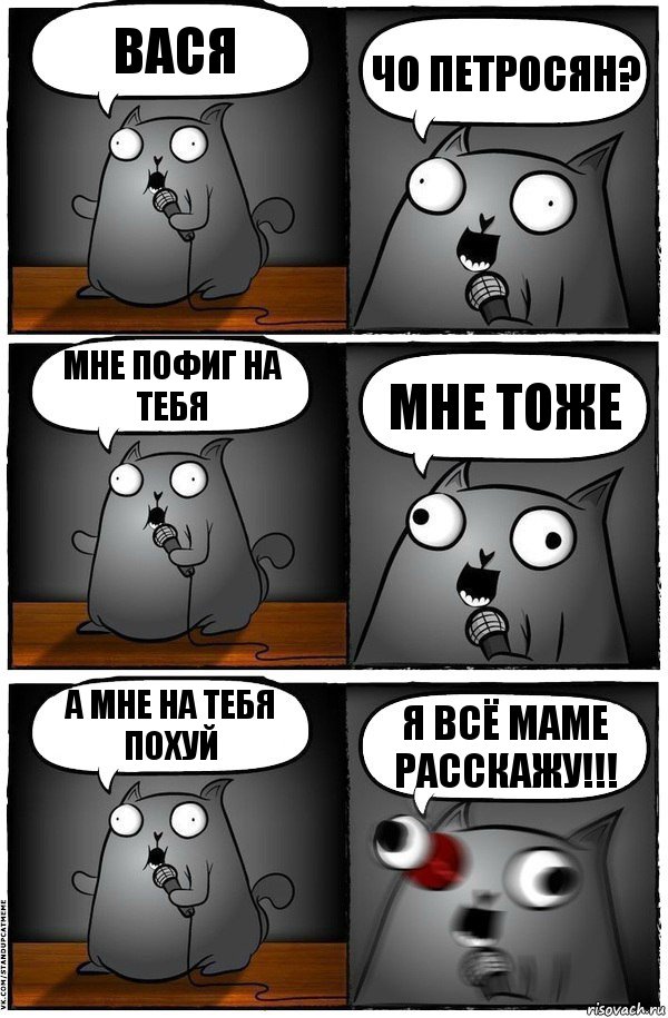 Вася Чо Петросян? Мне пофиг на тебя Мне тоже А мне на тебя похуй Я всё маме расскажу!!!