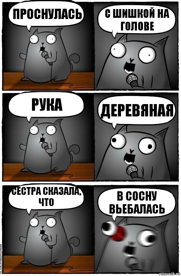 Проснулась с шишкой на голове рука деревяная Сестра сказала, что в сосну вьебалась, Комикс  Стендап-кот