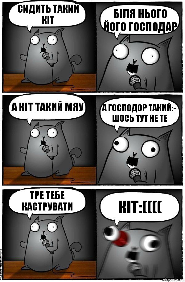 сидить такий кіт біля нього його господар а кіт такий мяу а господор такий:- шось тут не те тре тебе каструвати кіт:((((, Комикс  Стендап-кот