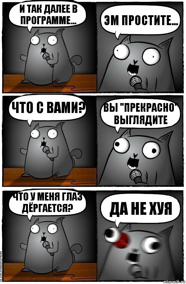 И так далее в программе... Эм простите... Что с вами? Вы "прекрасно" выглядите Что у меня глаз дёргается? да не хуя, Комикс  Стендап-кот