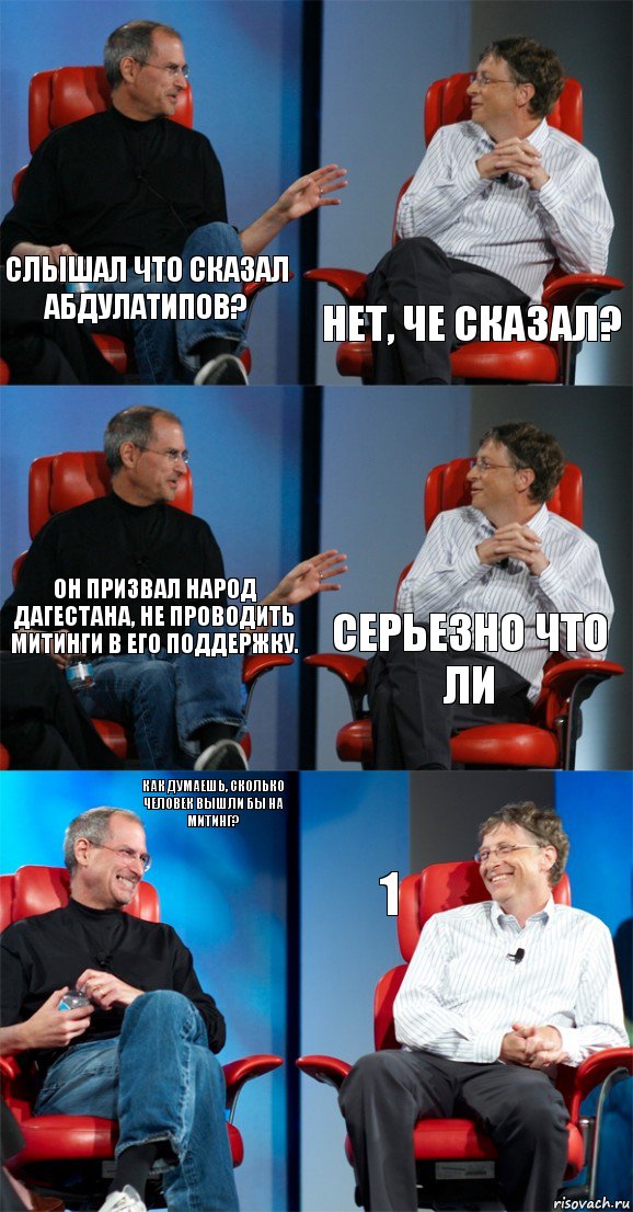 Слышал что сказал Абдулатипов? Нет, че сказал? Он призвал народ Дагестана, не проводить митинги в его поддержку. Серьезно что ли Как думаешь, сколько человек вышли бы на митинг? 1, Комикс Стив Джобс и Билл Гейтс (6 зон)